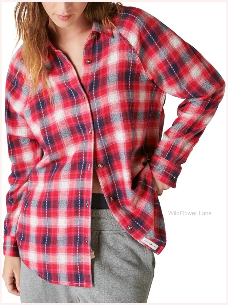 Oversized Plaid Button-Down Tunic Top Crew Neck
